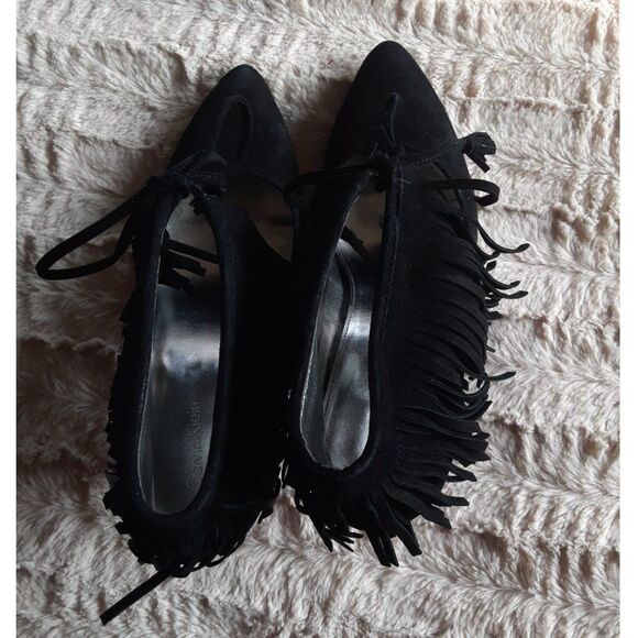 Calvin Klein Size 9M Black Suede Stiletto Lace Up Fringe Heels Statement Style - Picture 5 of 8